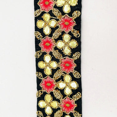 Black Art Silk Fabric Trim, Salmon Pink & Gold Floral Embroidery Gota Patti Indian Sari Border Trim By Yard Decorative Trim Craft Lace